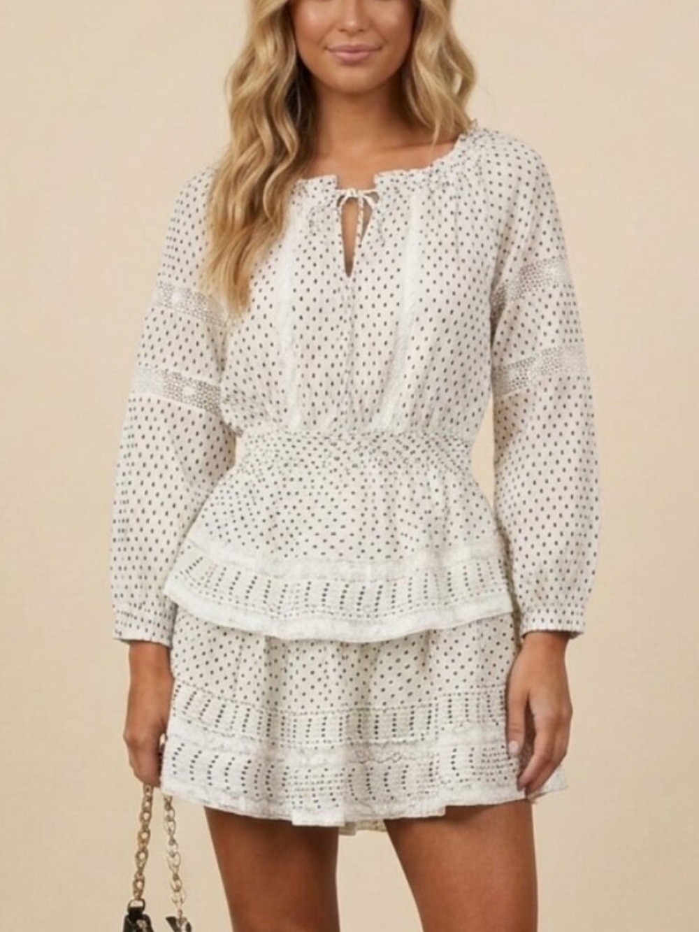 LoveShackFancy Antique White Dot Popover Mini Dress Medium FLAW 39296